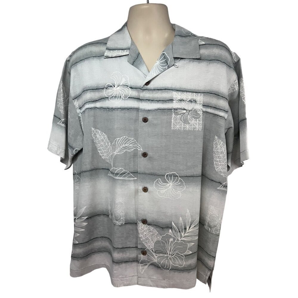 Tommy Bahama Mens Vintage Gray Floral Hawaiian Silk Button Up Camp Shirt Medium